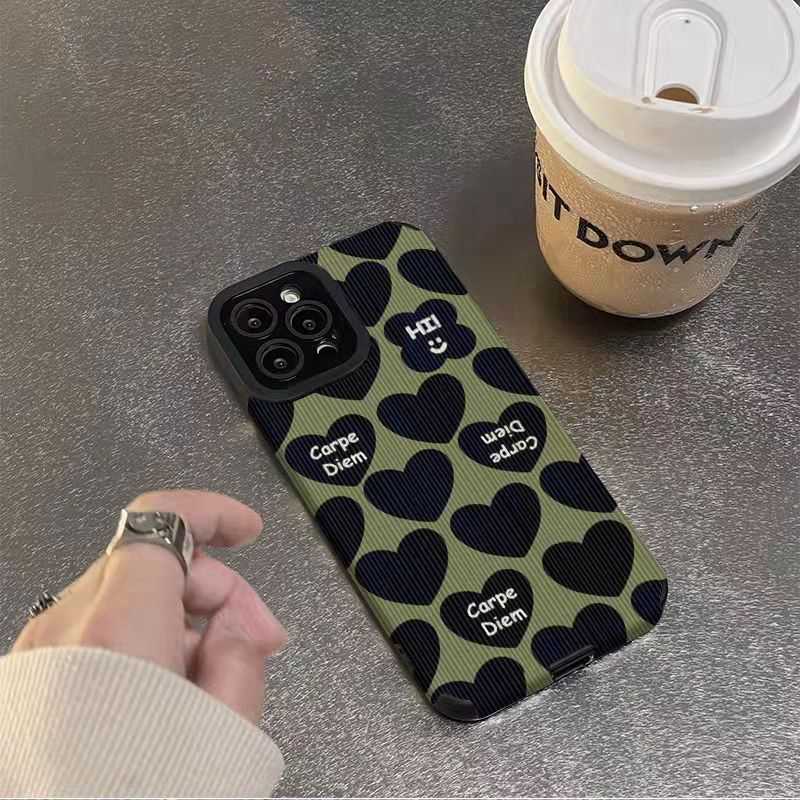 【Lamb Skin】Green Black Love Soft Case for IPhone 6S 7 Plus 8 Plus X XS XR XS Max 11 13 12 14 PRO Max 14 Plus 12 13 Mini Camera Protect Cute Women's Fashion