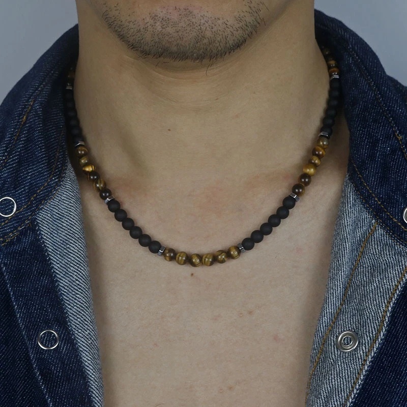 Kalung Manik-Manik Punk Tiger Eye Untuk Pria/Kepribadian Fashion Obsidian Hematite Pesona Kalung Perhiasan Aksesoris