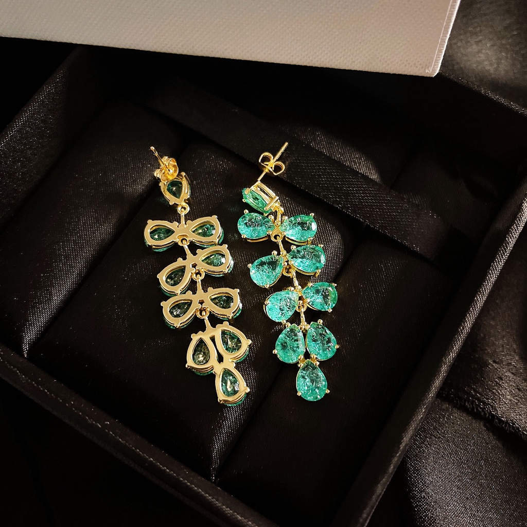 Goldkingdom Fashion Perhiasan Aksesoris Ready Stock Merak Hijau Retak Pecah Berlian Anting Bunga Halus Perak Stud Earrings