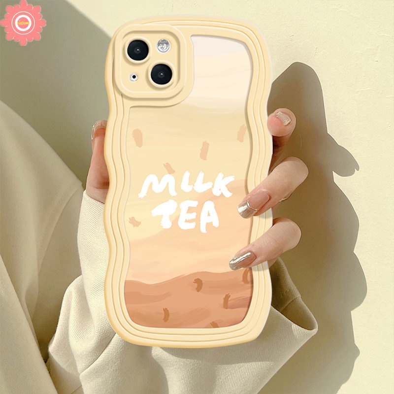 Compatible for iPhone 11 7 8 Plus 13 12 14 Pro Max XR 6s 6 X XS Max 14 Plus SE 2020 7Plus Protect Lens Cute Milk Tea Pattern Soft Wavy Edge Back Cover