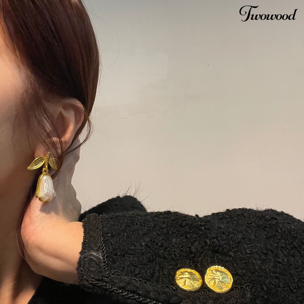 Twowood 1pasang Drop Earrings Golden Leaves Elegan Medieval Peri Bunga Wanita Stud Earrings Fashion Jewelry