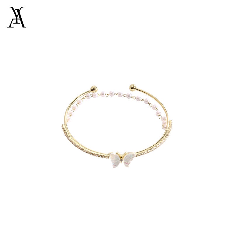 AY(CN) Gelang Kupu-Kupu Simple Double-layer Gelang Emas Kristal Mutiara Elegan Untuk Aksesoris Perhiasan Wanita