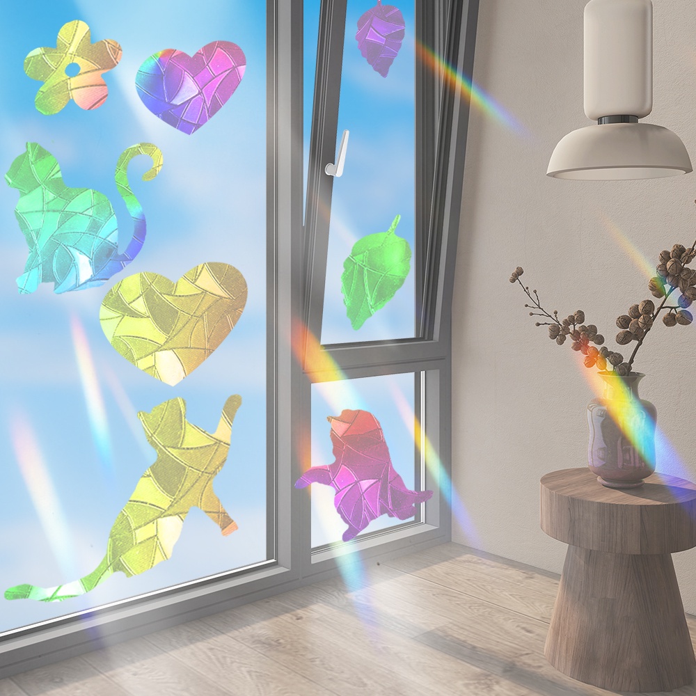 Rainbow Prism Electrostatic Glass Sticker Electrostatic PVC Removable Window Decals Jantung Bunga Kucing Burung Daun Pola Stiker Kindergarden Dekorasi Rumah Kantor