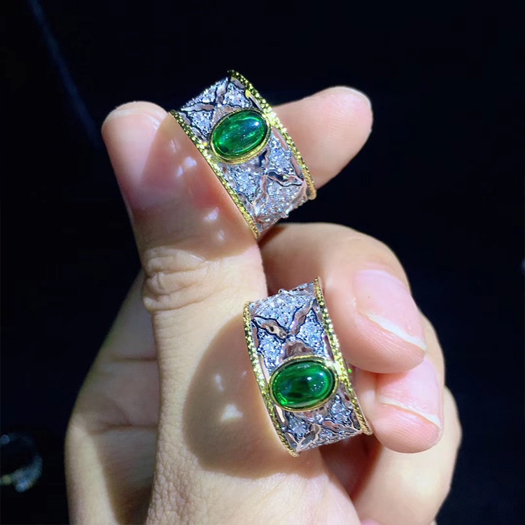 Goldkingdom Aksesoris Perhiasan Fashion Ready Stock French Retro Woven Grafir Emas Asli Kadar 375 Digambar Tangan Yang Dapat Disesuaikan Cincin Set Dengan Zamrud Colombia Ring