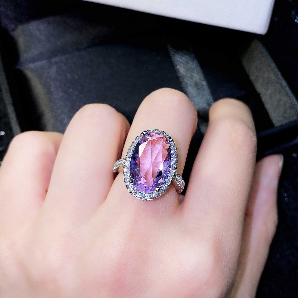 Goldkingdom Fashion Perhiasan Aksesoris Ready Stock Live TV Penjualan Panas Imitasi Natural Amethyst Micro Set Cincin Berlian Telur Angsa Besar Engagement Color Treasure Ring Girl