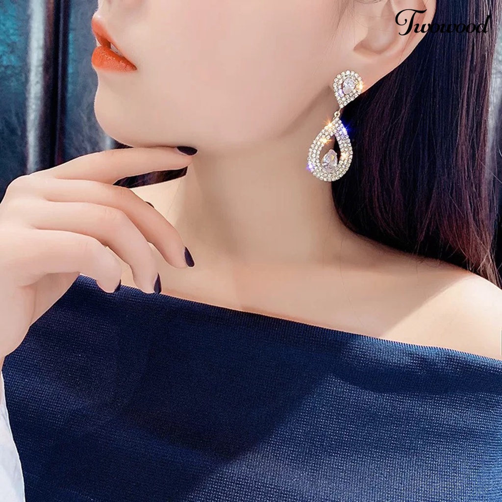 Twowood 1pasang Anting Menjuntai Berlian Imitasi Mengkilap Hias Berlebihan Berkilau Geometris Hias Hadiah Wanita Water Drop Pendant Stud Earrings Perhiasan Untuk Perjamuan