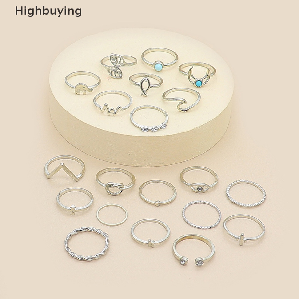 Hbid 20pcs/Set Warna Perak Gajah Daun Gelombang Bulan Kristal Geometris Bersama Cincin Set Wanita Pesta Pernikahan Perhiasan Aksesoris Glory