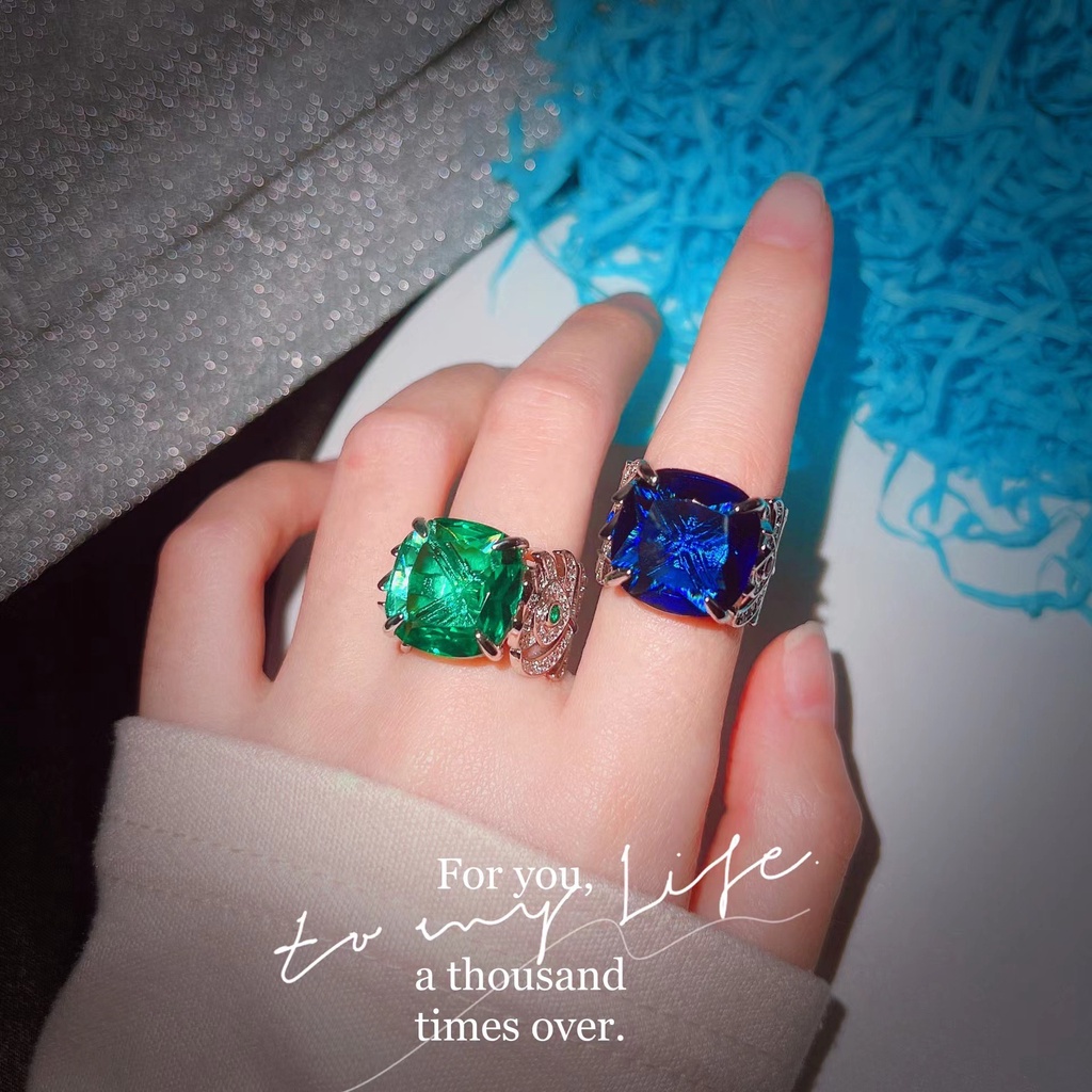 Goldkingdom Aksesoris Perhiasan Fashion Ready Stock Cincin Biru Royal Alami Nenek Imitasi Karat Besar, Harta Karun Warna Persegi Hijau Gemuk, Cincin Terbuka Perempuan