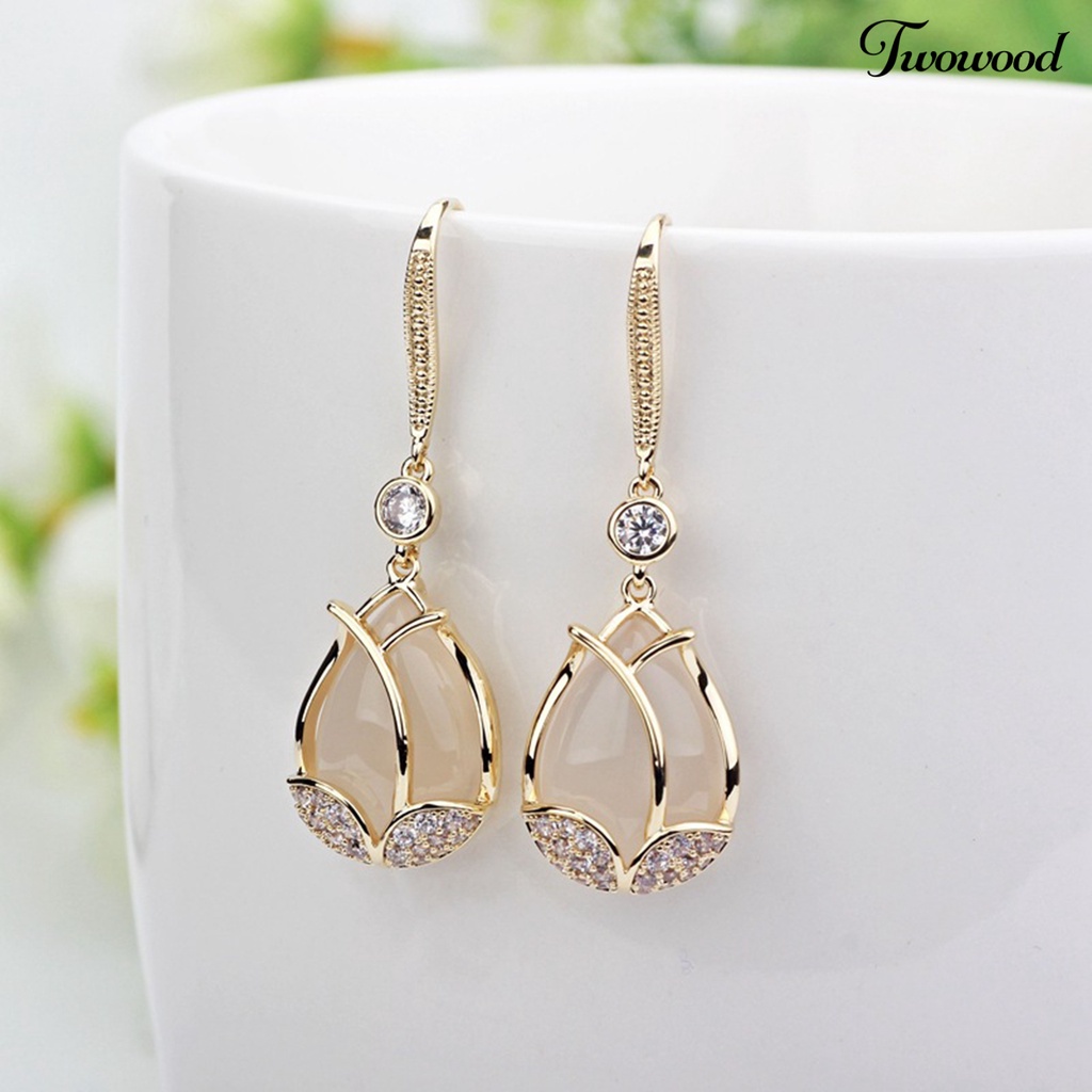 Twowood 1pasang Liontin Anting Tulip Liontin Bersinar Berlian Imitasi Inlay Geometris High-end Berdandan Hypoallergenic Mewah Wanita Cubic Zirconia Bunga Telinga Kait Perlengkapan Kostum