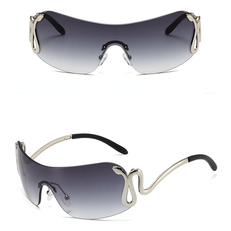 (YUZHU) Mode Barat Cyberpunk Kacamata One-piece Frameless Silver Snake Sunglasses Unisex