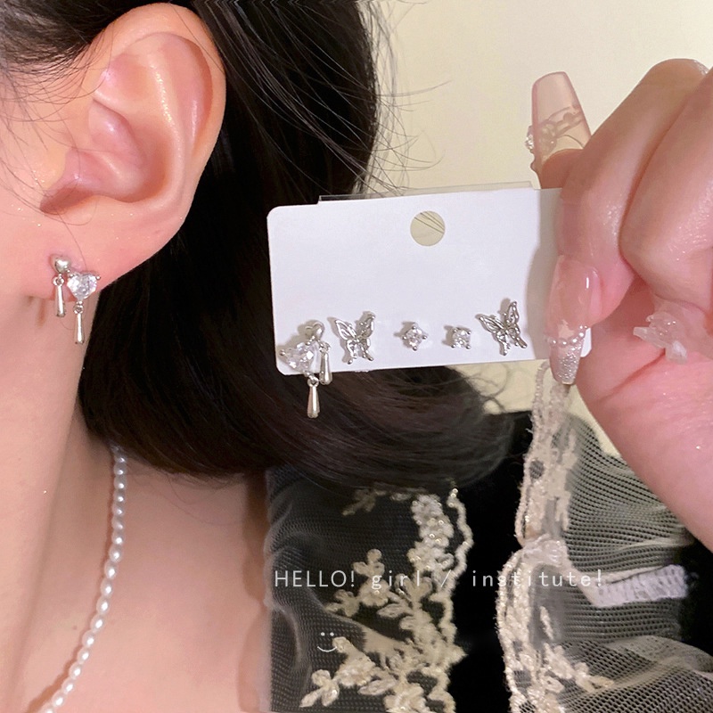 YEEZII 6pcs/set Perak Stud Anting Set Untuk Wanita Zirkon Jantung Cair Kupu-Kupu Earing Aksesoris Fashion Perhiasan