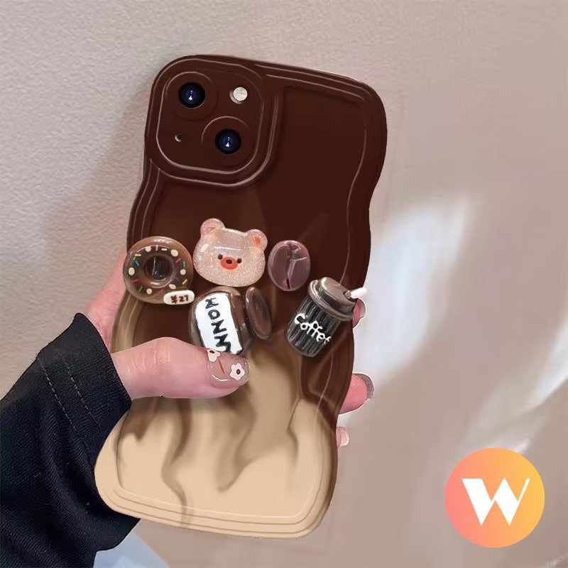 IPHONE Case Warna Gradasi Kompatibel Untuk Iphone11 13 12 14 Pro Max XR X7 8 6s 6 14 Plus XS Max SE 2020 Lucu 3D Kartun Mainan Kopi Beruang Donat Lembut TPU Bergelombang Penutup Tepi