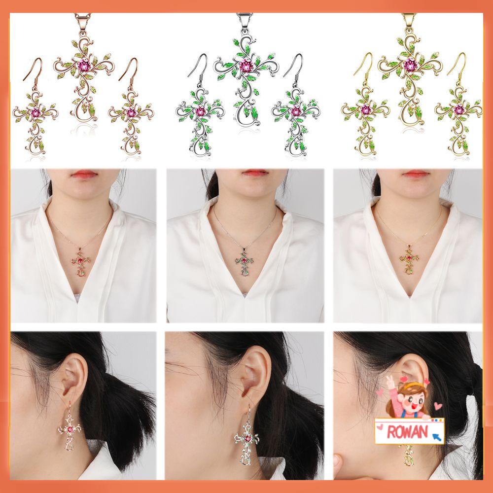 R-flower Kalung Anting Fashion Emas Perak Bunga Daun Liontin Salib