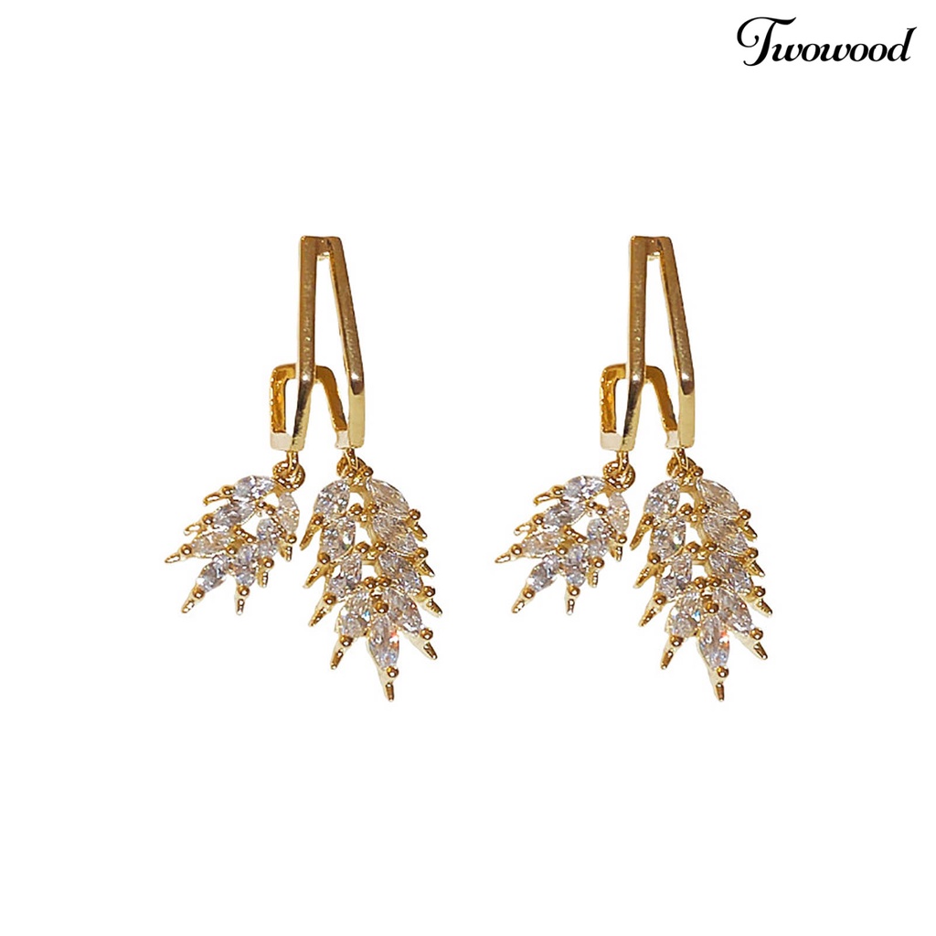 Twowood 1pasang Wanita Anting Bentuk Geometris Liontin Electroplating Warna Emas Kepribadian Berdandan Fashion Item Fashion Daun Faux Zircon Drop Earrings Aksesoris Pakaian