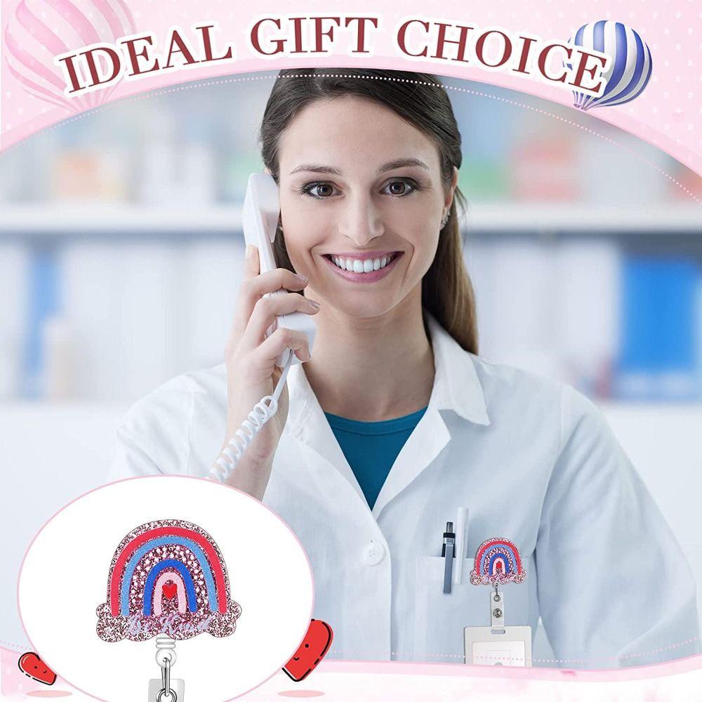 Lanfy Retractable Badge Reel Kartun Kualitas Tinggi Dada Kartu Pemegang Perawat Dokter Glitter Akrilik Kartu Nama Rumah Sakit Badge Holder