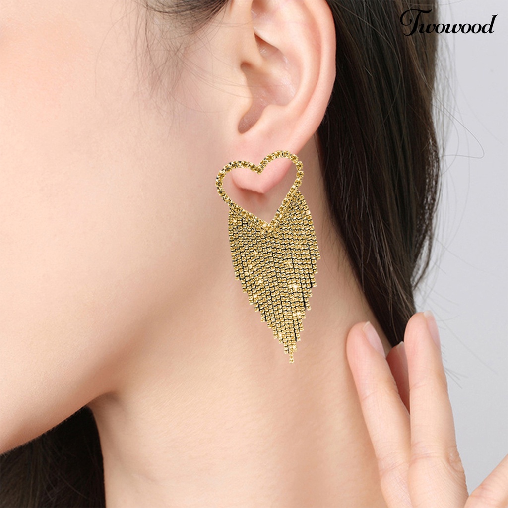 Twowood 1pasang Drop Earrings Bersinar Rumbai Panjang Glitter Semua Pertandingan Anti-Alergi Dekorasi Telinga Gaya Korea Temperamen Cinta Hati Penuh Berlian Imitasi Ear Studs Menjuntai Earrings