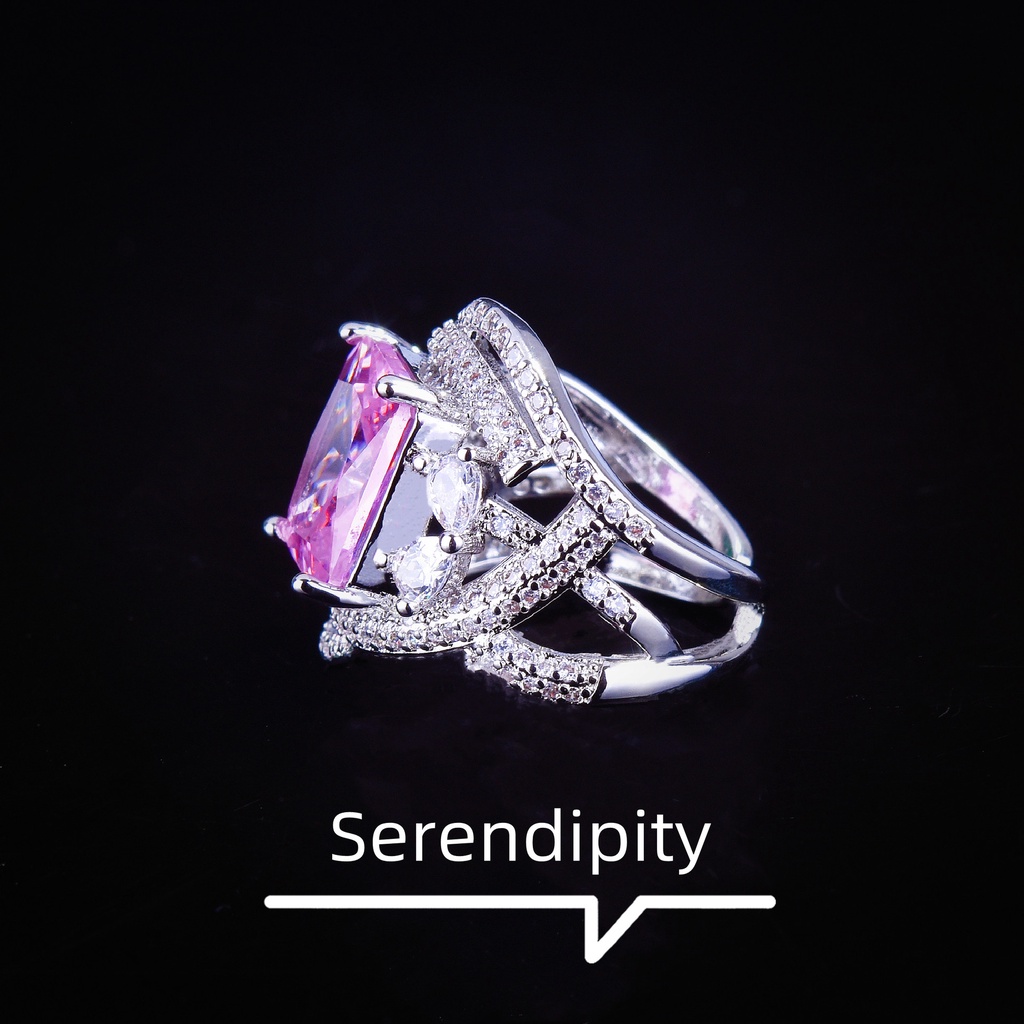 Goldkingdom Fashion Perhiasan Aksesoris Ready Stock Tiktok Hidup Desain Industri Berat Caibao Cincin Berlian Tangan Hias Argyle Pink Berlian Putri Square Diamond Wrapped Ring