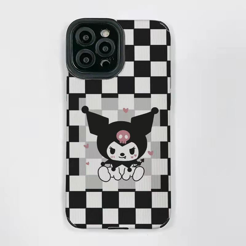 【Lamb Skin】Black and White Checked Kuromi Soft Case for IPhone 6S 7 Plus 8 Plus X XS XR XS Max 11 13 12 14 PRO Max 14 Plus 12 13 Mini Camera Protect Women's Fashion Anime Cartoon