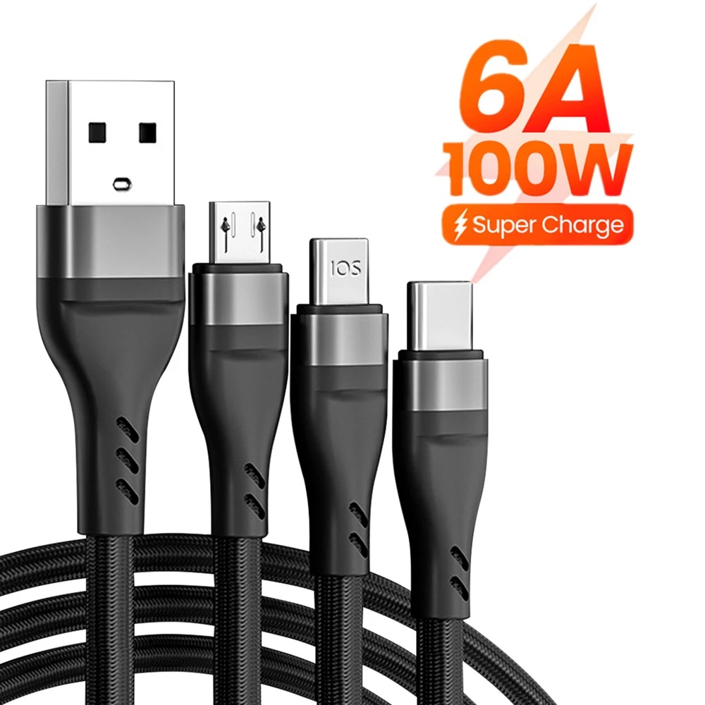 100w 3in1 Kabel SuperCharging 6A Micro USB Type-C Fast Charger Universal 3in1 Banyak Port USB Charging Cord Type-C Cable Kabel Data Untuk Telepon Samsung Xiaomi Huawei