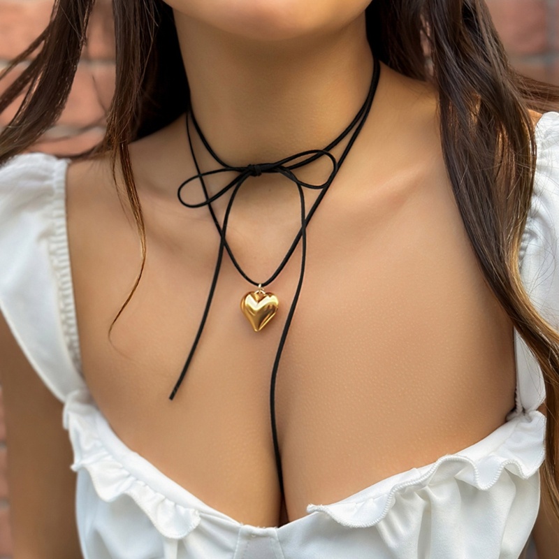 Siy Adjustable Beludru Ikatan Simpul Choker Leher Dasi Rantai Fashion Hati Liontin Kalung