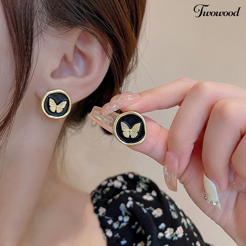 Twowood 1pasang Ear Studs Retro Gaya Perancis Menjatuhkan Minyak Tidak Teratur Bulat Hadiah Kepribadian Hitam Emas Kupu-Kupu Wanita Anting Perhiasan Fashion