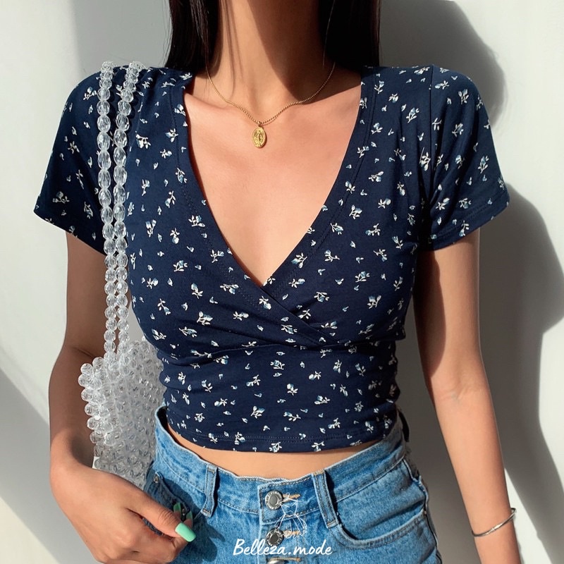 SEXY V NECK KOREAN CROP TOP Blouse Kaos seksi wanita floral bunga