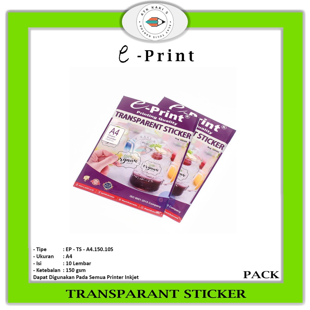 

E-PRINT - Tranparant Sticker A4 150 gsm - 10S - Pack