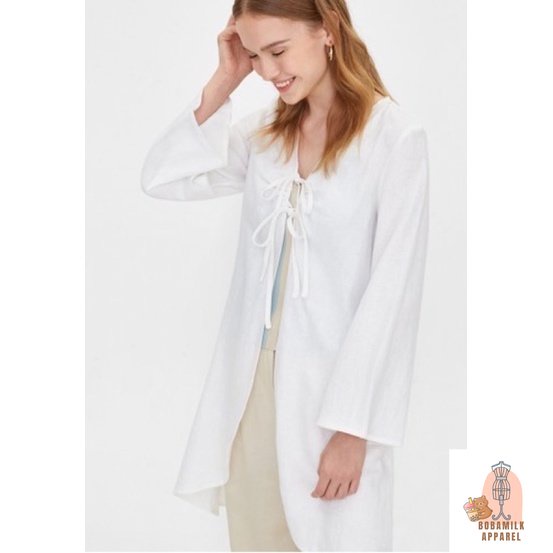 Pomelo Purpose Bow Front Tie Kimono White Outer Long Cardigan Oversized Fashion Wanita Preloved