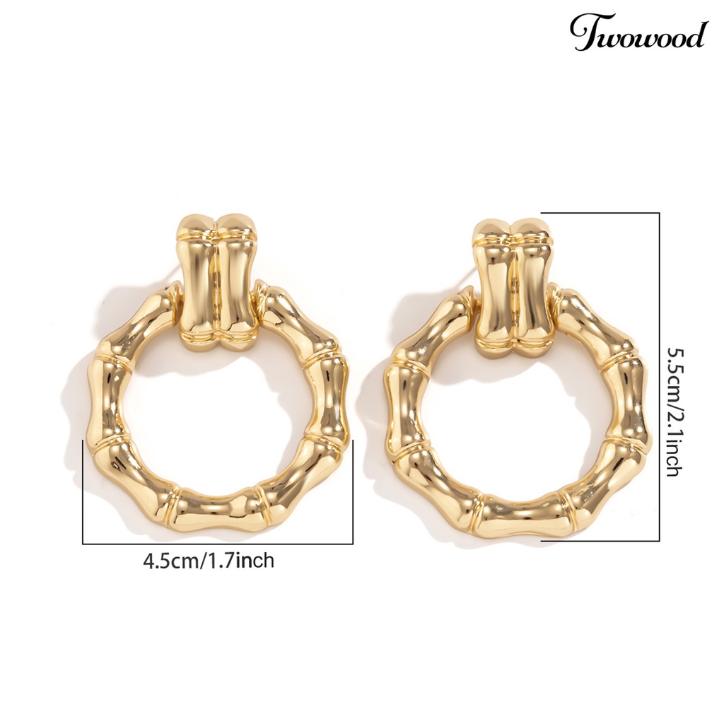 Twowood 1pasang Anting Pejantan Geometris Electroplating Glossy Minimalis Liontin Telinga Hiasan Colorfast Bulat Bambu Telinga Hoop Earrings Perhiasan Aksesori