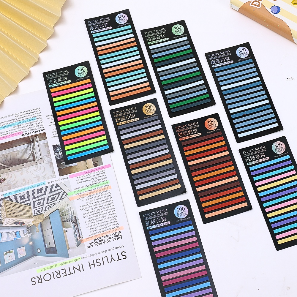 8gaya Stiker Indeks Strip Panjang Sangat Tipis Set Stiker PET Universal 300buah Stiker Indeks Strip Tipis Transparan Neon Reusable Marker Dengan Kunci Bookmark