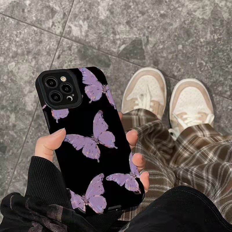 [Kulit Domba] Soft CASE Kulit Kupu-Kupu Ungu Untuk IPhone 6S 7plus8 Plus X XS XR XS Max 11 13 12 14 PRO Max 14 Plus 12 13 Kamera Mini Melindungi Casing Ponsel Hitam