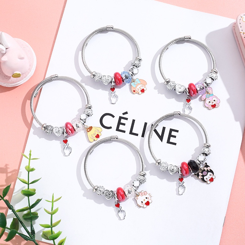 XiaoboACC DIY Stainless Steel Indah Kartun KT Kucing Melody Puding Anjing Terbuka Adjustable Gelang