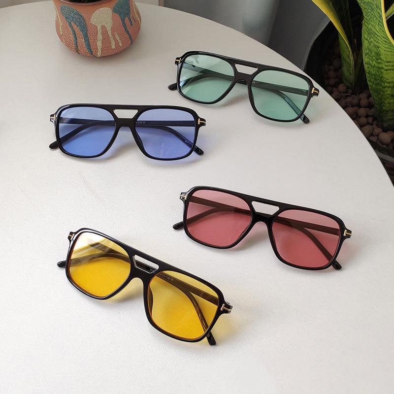 (YUZHU) Retro Mode Warna-Warni T-shaped Double Beam Square Frame Sunglasses Western Fashion Kerai Kacamata Hitam Perempuan