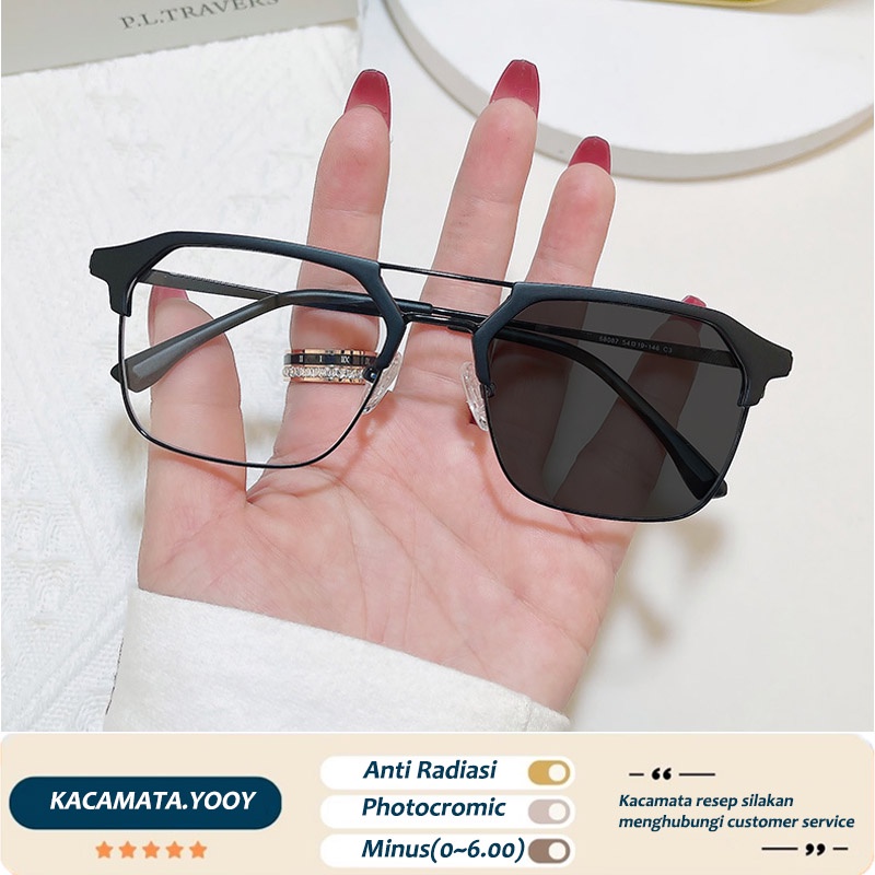 Kacamata Minus Anti Radiasi Photochromic Korea Pria Wanita Metal Double Beam Frame