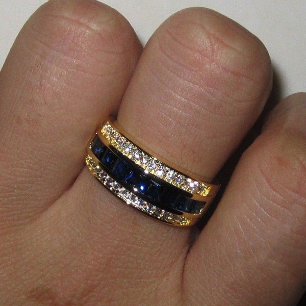 Goldkingdom Aksesoris Perhiasan Fashion Ready Stock Berlian Penuh Safir Cincin Berlian Persegi Eropa Dan Amerika Berlapis Emas Asli Kadar 375 Flash Diamond Ring Untuk Pria Dan Wanita