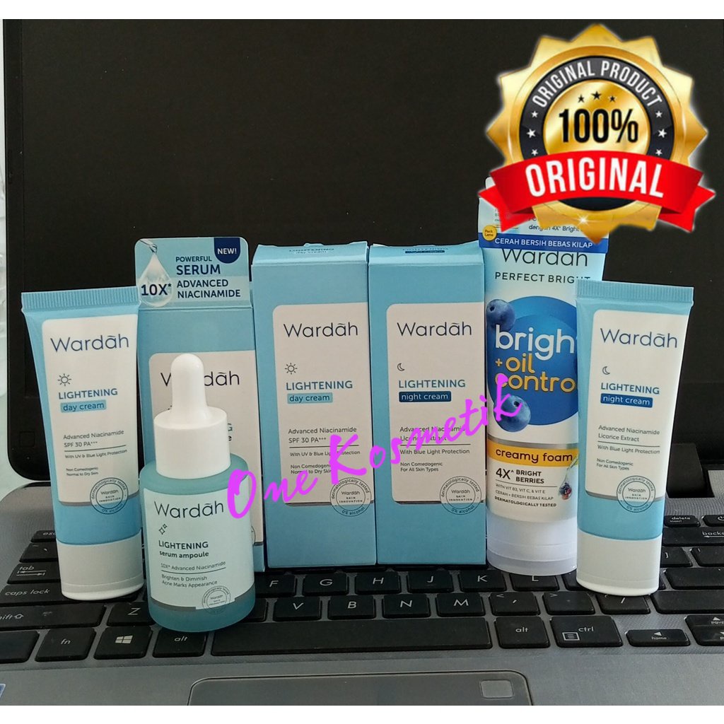 PAKET WARDAH PENGHILANG FLEK HITAM ( WARDAH LIGHTENING DAY CREAM 20 ML / NIGHT CREAM 20 ML / SERUM 30 ML / PERFECT BRIGHT OIL CREAMY FOAM 50 ML )