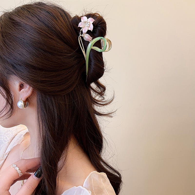 Korea Elegan Bunga Lily Alloy Rambut Cakar Jepit Rambut Aksesoris Rambut Fashion Wanita