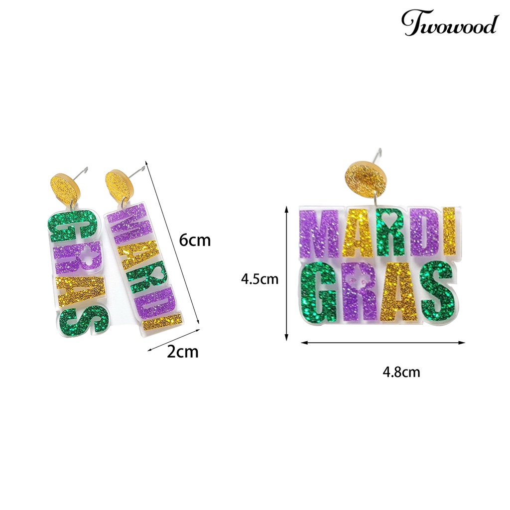 Twowood 1pasang Menjuntai Anting-Anting Pribadi Bubuk Kilau Alfabet Pesona Geometris Pengerjaan Halus Dekorasi Telinga Warna-Warni Berlebihan Surat Tiga Warna Glitter Anting-Anting