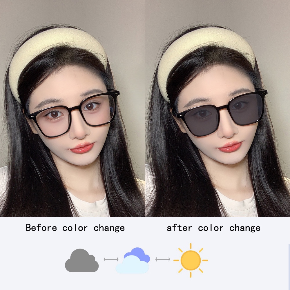 [Gratis Ongkir] Kacamata Korea Retro Photochromic Pria Wanita Frame Persegi Panjang Sunglasses Polarized Anti Radiasi Eyeglasses