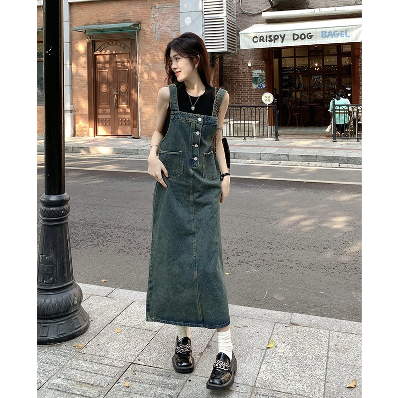 Red Kumikumi Hong Kong style retro old denim suspenders skirt wanita musim semi longgar slim mid-length dress tide