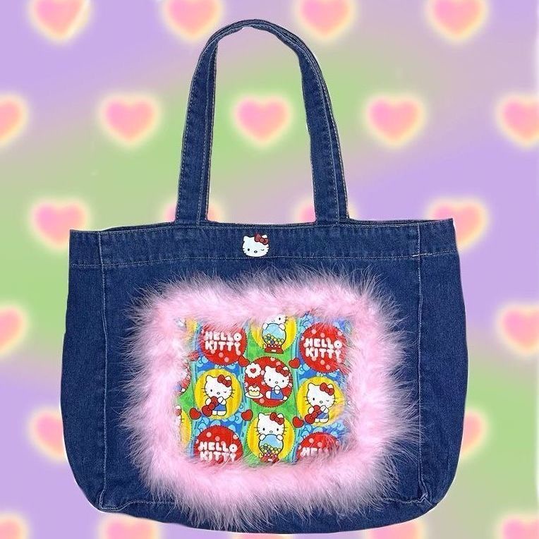 Sera Asli Buatan Tangan Y2K Millennium Spice Girl Retro Cute Hello Kitty Denim Mewah Kapasitas Besar Tas Bahu Kitty