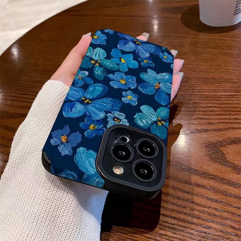 【Lamb Skin】Vertical Grain Soft Case for IPhone 6S 7 Plus 8 Plus X XS XR XS Max 11 13 12 14 PRO Max 14 Plus Fashion Blue camellia Flower Girl Women's