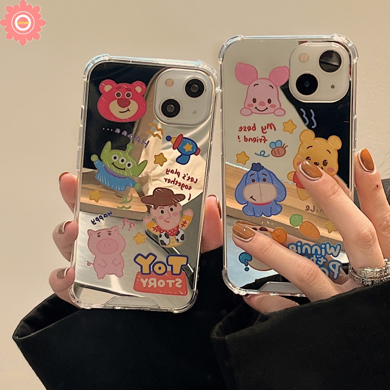 Cermin Make Up Kartun Disney Manyo Case Kompatibel Untuk iPhone 7plus7 8 Plus 8plus 12 13 Pro MAX 11 Pro MAX XR X XS MAX SE Winnie The Pooh Cerita Mainan Lucu Shockproof Cover Case