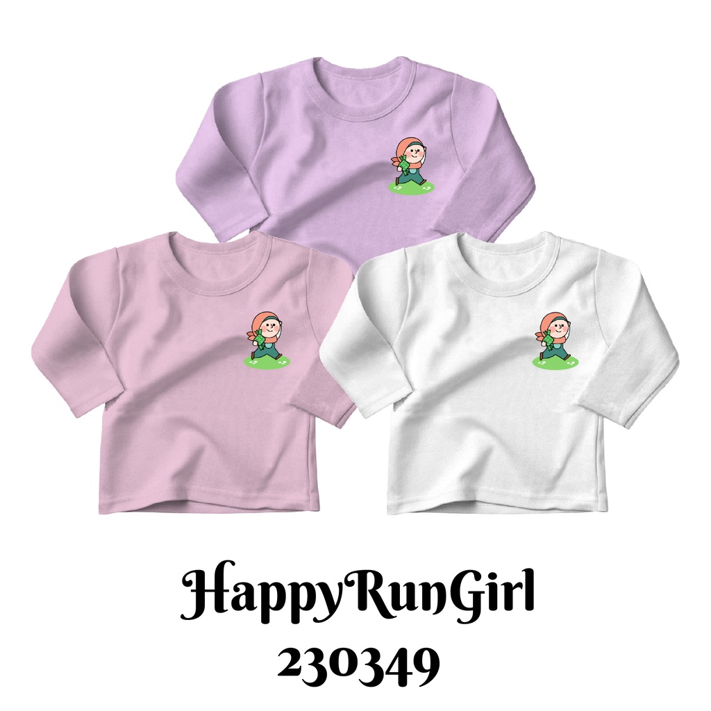 Kaos Panjang Muslim Series Ramadhan Happy Run Girl Size Bayi Anak Dewasa Bahan Katun Combed 30s