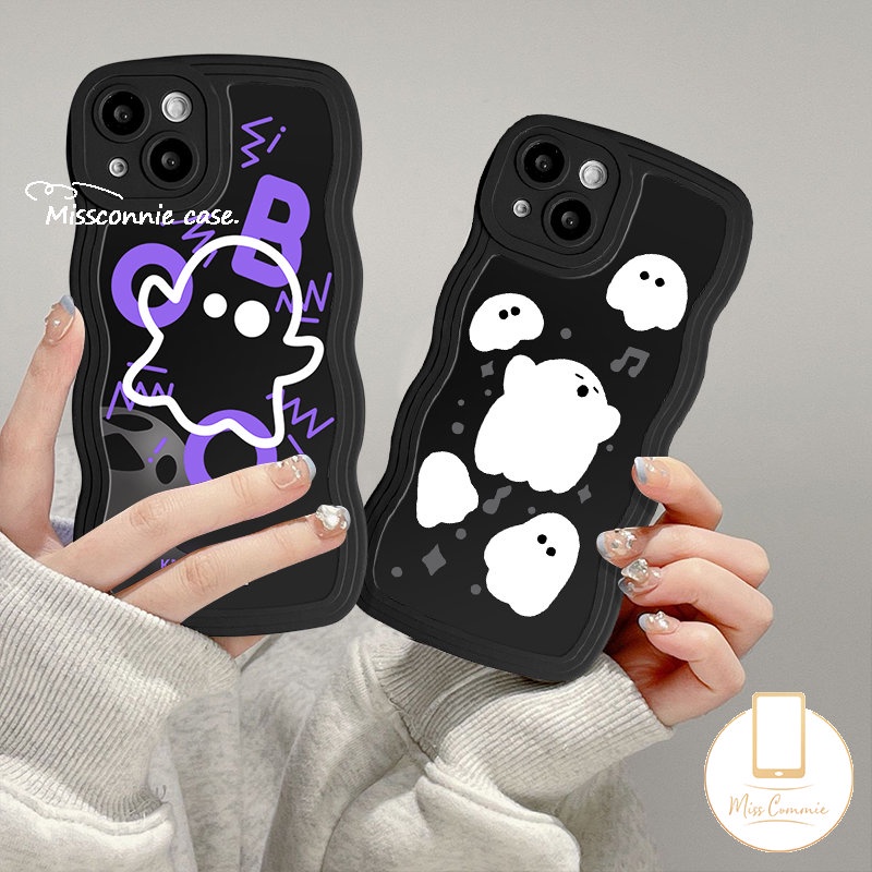 Casing Tepi Bergelombang Kompatibel Untuk iPhone 7Plus 11 Pro Max XR X XS Max 6s 7 8 6 14 Plus 13 11 12 14 Pro Max SE 2020 Kreatif Hantu Lucu Hitam Lembut Tpu Penutup Belakang