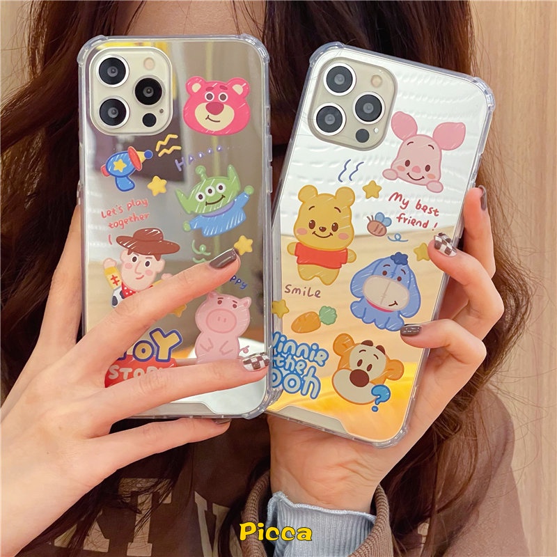 IPHONE Case Cermin Make Up Kartun Disney Winnie The Pooh Manyo Kompatibel Untuk Iphone11 13 12 Pro Max XR X XS Max8 7 Plus SE 2020 7Plus Toy Story Lucu Alien Phone Cover