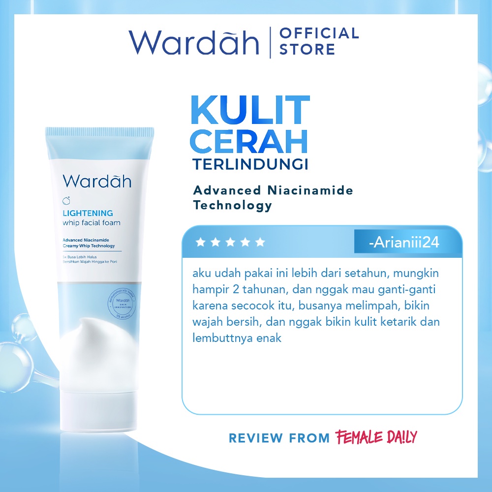 WARDAH Lightening Whip Facial Foam Indonesia / Pembersih Wajah 50ml 100ml / Advanced Niacinamide Creamy Whip Technology / 5x Busa Lebih Halus Bersihkan Wajah Hingga ke Pori / Berminyak / Cleanser Cleansing Face Wash Sabun Cuci Muka / Skincare Care Series