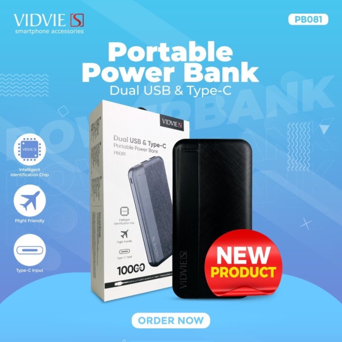 Vidvie S Powerbank 10000mAh 2 Port Usb + 1 Type-c PB081