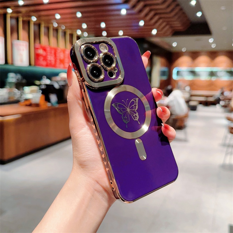 IPHONE Butterfly Wireless Charge Cinta Hati Plating Phone Case Untuk Iphone14 13 12 Pro Max Plus11 Shockproof Lembut TPU Penutup Belakang