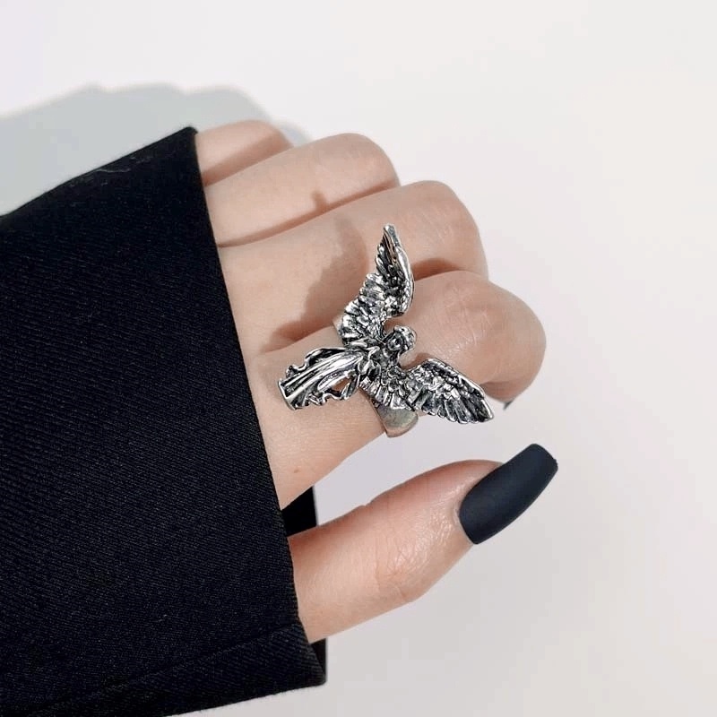 Punk Perak Malaikat Pembukaan Cincin Untuk Pria Wanita/Fashion Hip Hop Adjustable Pasangan Rings Pesta Perhiasan Unik